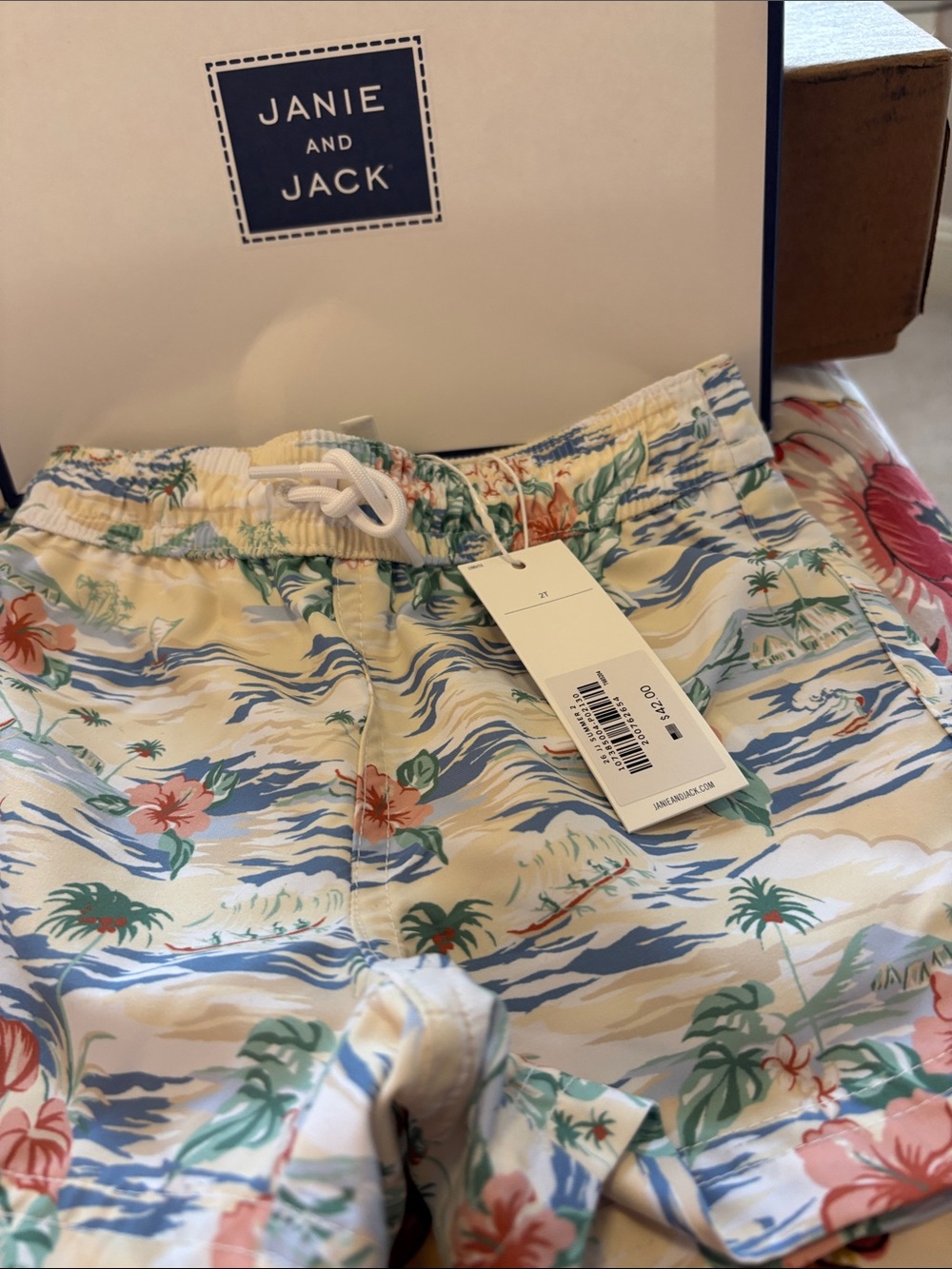 Janie and Jack Cream, Blue & Green Hawaiian Swim Shorts with Pink Floral